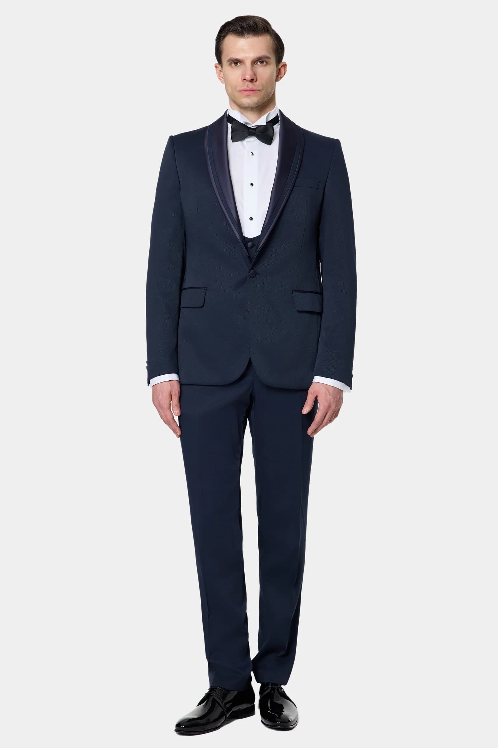 Ds Damat Slim Fit Lacivert Armürlü Smokin Yelekli Takim Elbise