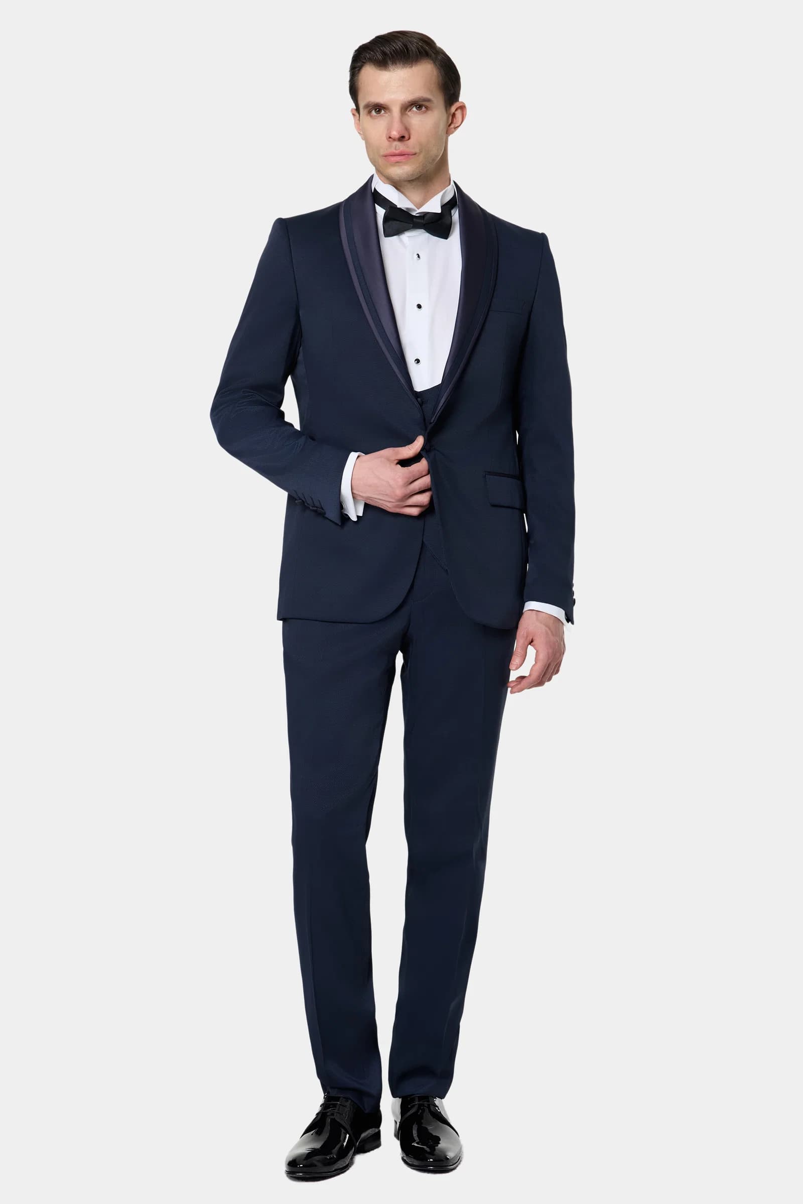 Ds Damat Slim Fit Lacivert Armürlü Smokin Yelekli Takim Elbise görsel 4