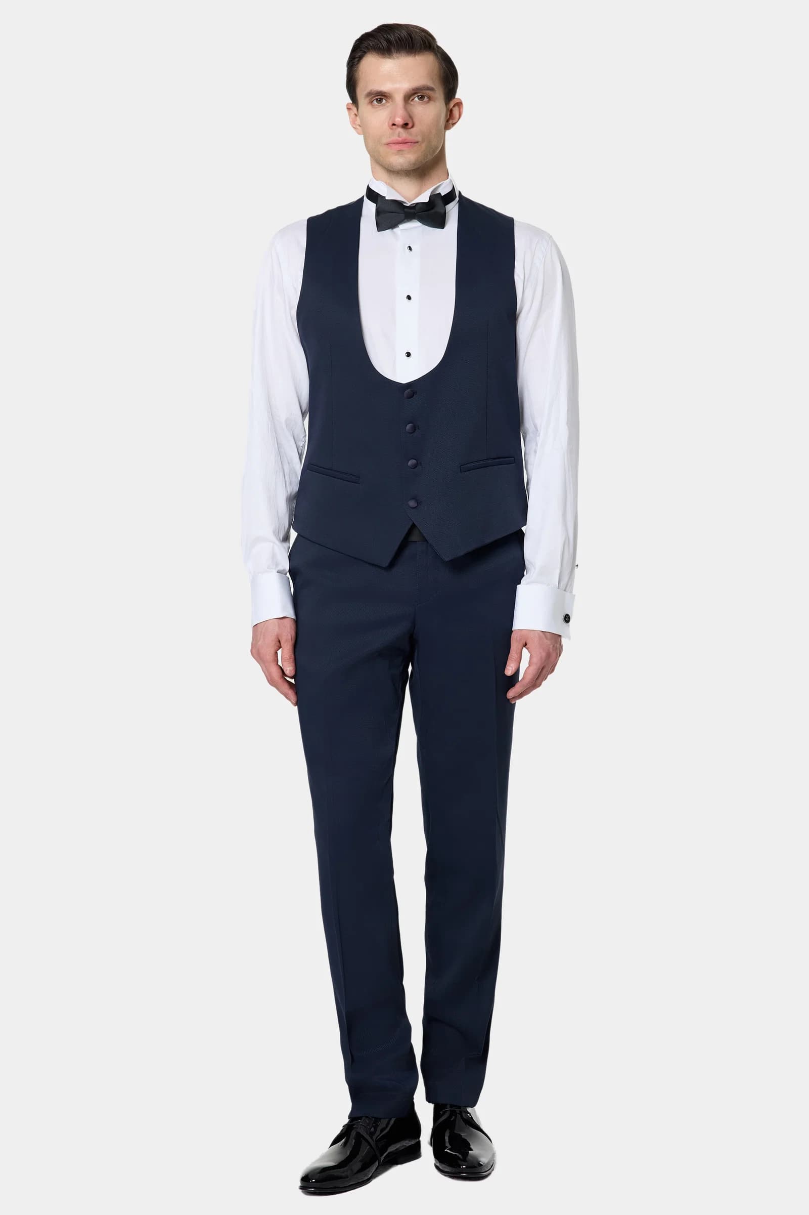 Ds Damat Slim Fit Lacivert Armürlü Smokin Yelekli Takim Elbise görsel 8