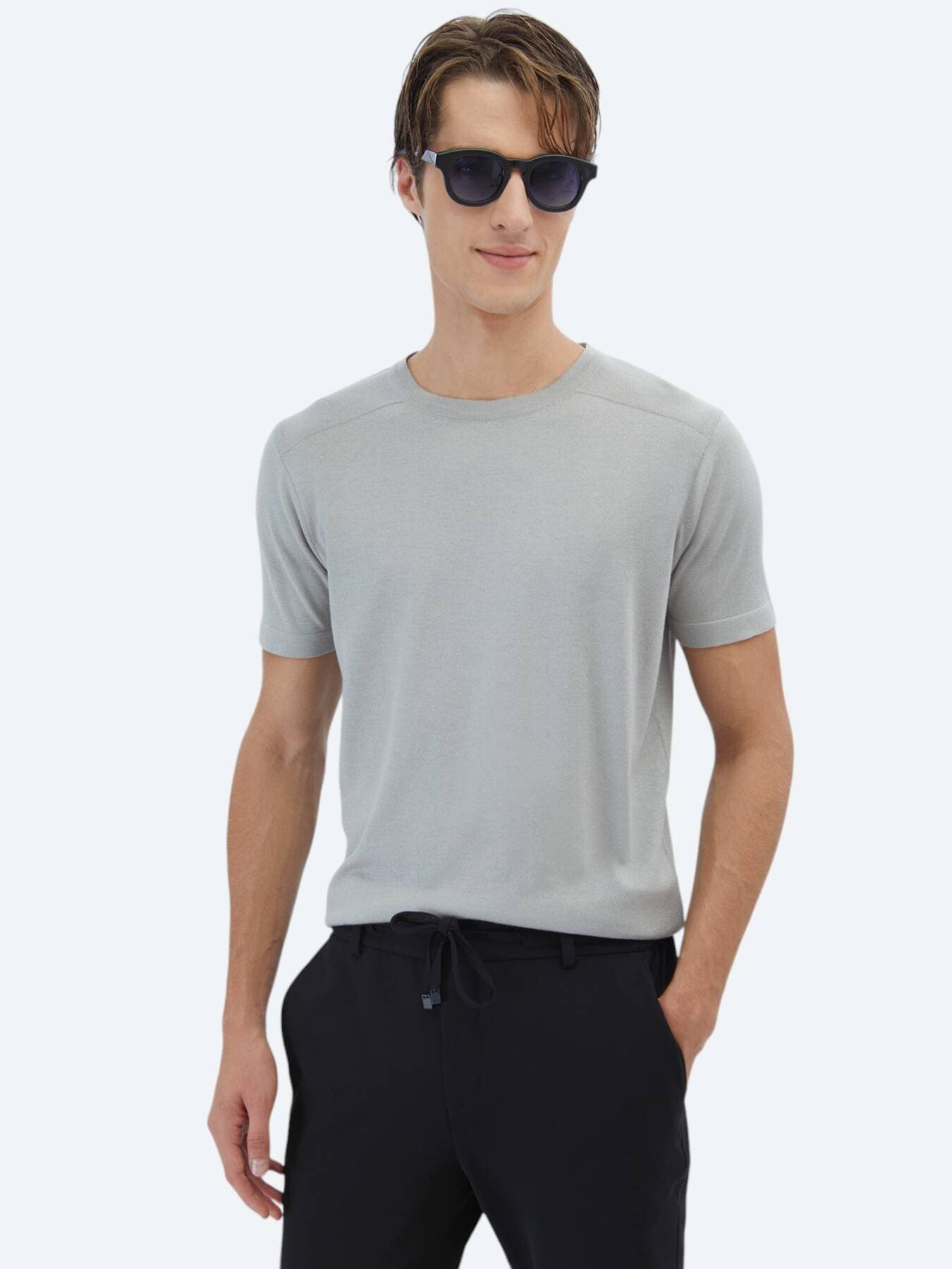 Gri Bisiklet Yaka Desenli Triko