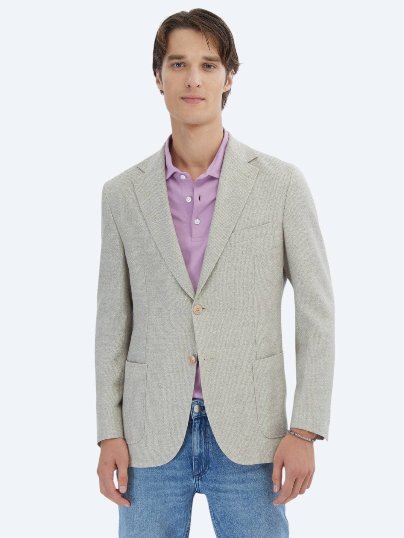 Açık Haki Desenli Modern Fit Keten Karışımlı Ceket