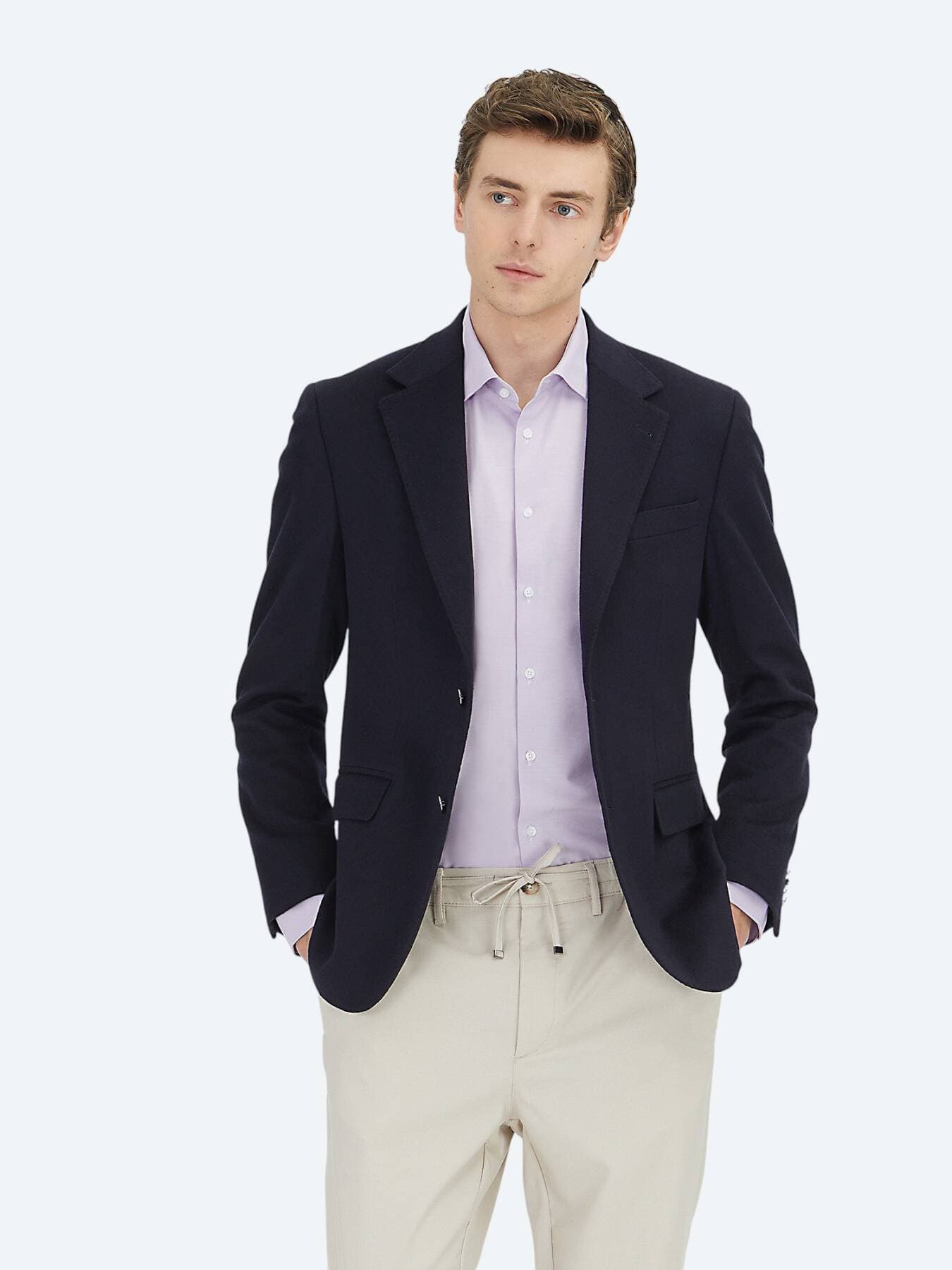 Lacivert Düz Modern Fit Yün Karışımlı Ceket